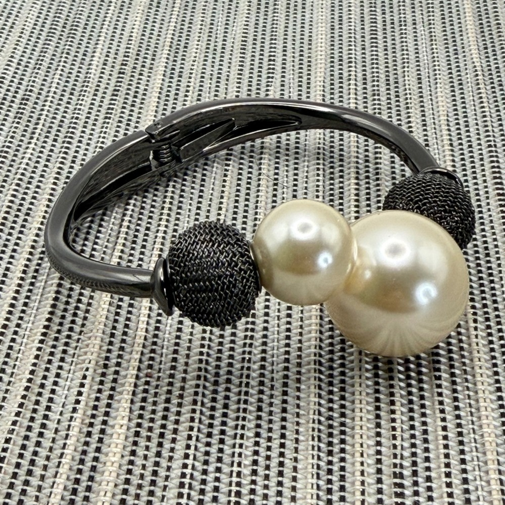 Gunmetal Faux Pearl Hinged Cuff Bracelet Black Mesh Bead Asymmetrical Statement
